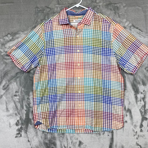 Tommy Bahama Button Up Shirt Mens L Tencel Gingham Check Multicolor Vacation Dad - Picture 1 of 9